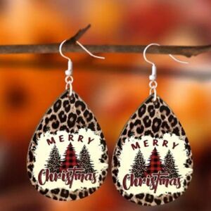 Droplet shape Christmas tree print Leopard pattern dangle earrings